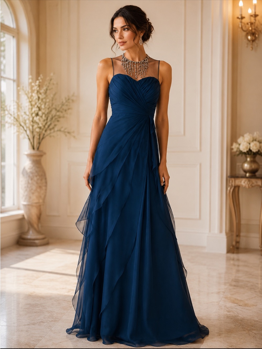 Adrianna Papell flutter jewel neckline sleeveless chiffon long dress